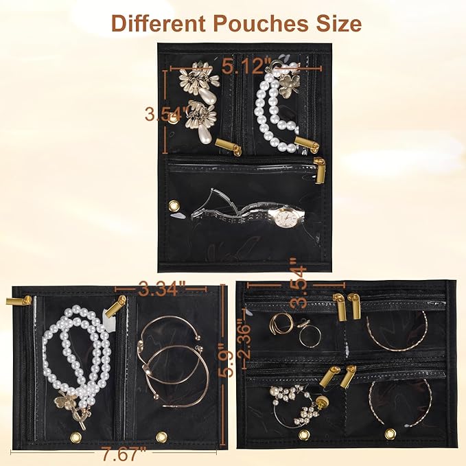 Travel Jewelry Case Organizer for Women, Jewelry Storage Book with Small Pouch, Travel Jewelry Bag Case for Traveling Earrings, Rings, Bracelet Organizer (Inner Pages, 3 PCS, Black)