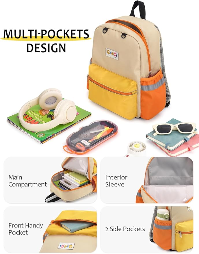 Kids Backpack for Boys Girls, Toddler Backpack for Preschool Kindergarten, 15inch Elementary School Bookbag with Reflective for Ages 6-8, Yellow