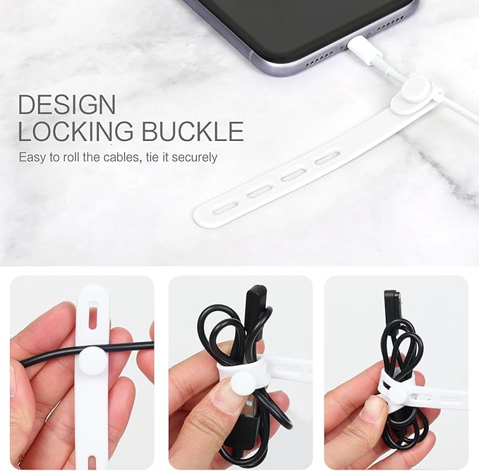 Donruby 24Pcs Silicone Cable Ties - Reusable & Washable with Locking Buckle Design, Adjustable Fastening Cable Straps, Multi-Purpose High Elasticity Cord Organizer (White)