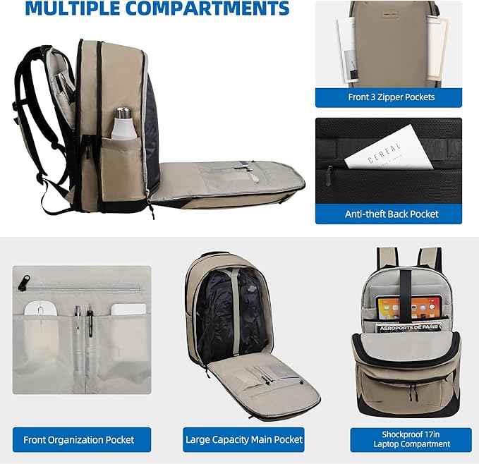 Travel Backpack: Carry on Expandable Back Pack for Laptop Hiking Business Water Resistant Lightweight for Men and Women Brown