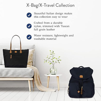Bric's X-Travel Piccolo City Backpack 10", Water-Resistant Satin Nylon Daypack with Leather Details, Drawstring Closure, Adjustable Straps and Multi-Pocket Organization - Navy