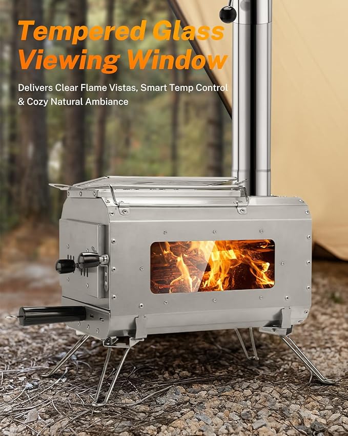 Gonex Hot Tent Stove, Portable Wood Burning Camping Stove with Ash Drawer & Large Firebox for Tent, Outdoor, Heating, Cooking, Ice Fishing