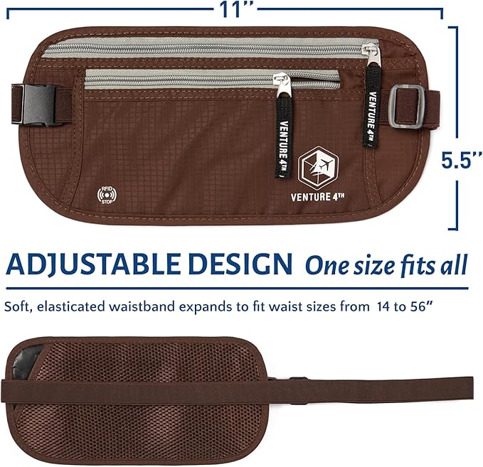 VENTURE 4TH Money Belt for Travel – Hidden Under-Clothes RFID Blocking Passport Holder & Slim Travel Wallet Pouch for Men & Women to Protect Cash, Cards & Documents (Brown)