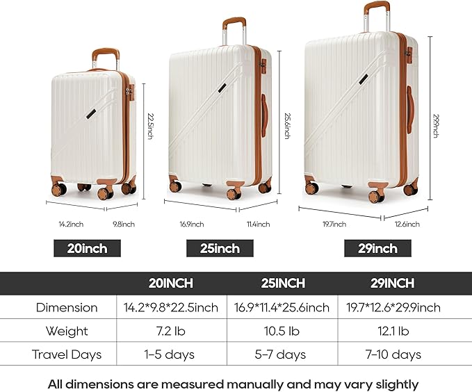 PRIMICIA GinzaTravel Luggage Sets 3-Piece Expandable Suitcases with Wheels PC+ABS Durable Hardside Luggage sets TSA lock（White + Brown）