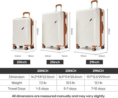PRIMICIA GinzaTravel Luggage Sets 3-Piece Expandable Suitcases with Wheels PC+ABS Durable Hardside Luggage sets TSA lock（White + Brown）