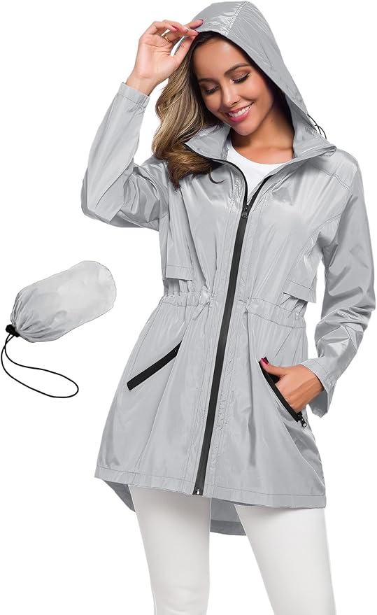 Avoogue Women's Long Raincoat with Hood Outdoor Lightweight Windbreaker Rain Jacket Waterproof