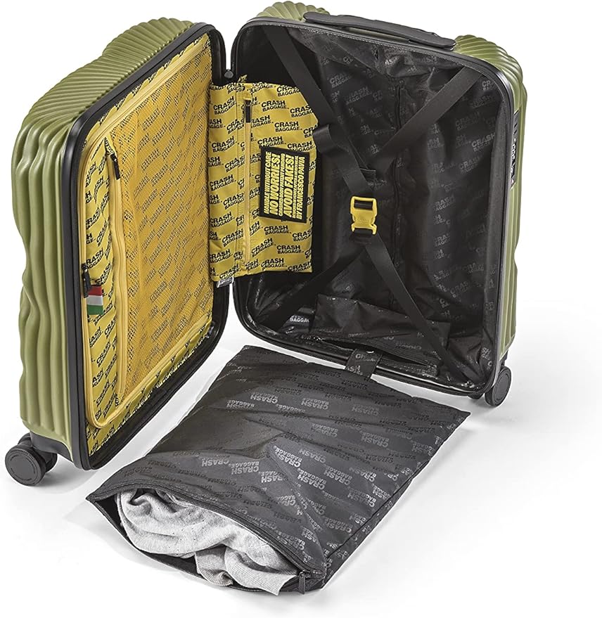 CRASH BAGGAGE Stripe Suitcase | Olive | 36L | 100% Polycarbonate, TSA-Approved Lock, 360° Spinning Wheels