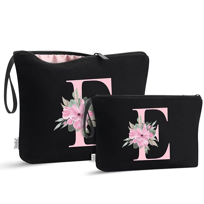 Vavabox A-Z Personalized Makeup Bag, Birthday Gifts for Women Mom, Gifts for Best Friend, Bride Bridesmaid Cosmetic bag (E, 04-Black Set)