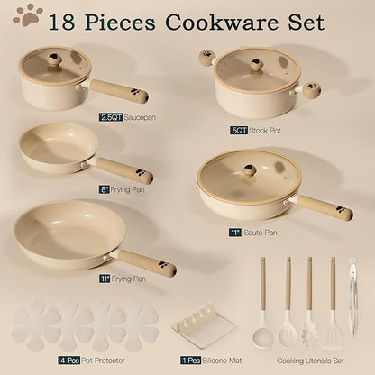 Astercook Pots and Pans Set Non Stick, Ceramic Cookware Set Non Toxic, 18 Pcs Dishwasher Safe Induction Cookware for Everyday Cooking & Kitchen Gifts