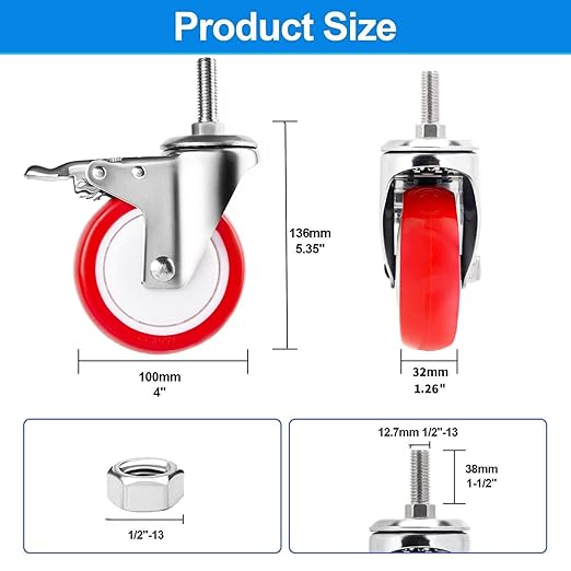 4 inch Stainless Steel Caster Wheels Heavy Duty, 1/2"-13x1-1/2 Threaded Stem Casters with Brake, Rust Resistant, Polyurethane PU Wheels for Hospital, Lab, Furniture, Restaurant