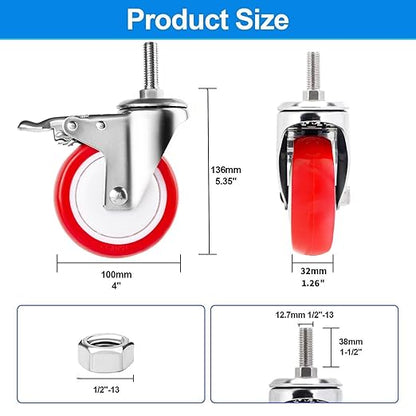 4 inch Stainless Steel Caster Wheels Heavy Duty, 1/2"-13x1-1/2 Threaded Stem Casters with Brake, Rust Resistant, Polyurethane PU Wheels for Hospital, Lab, Furniture, Restaurant