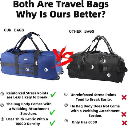 80L Rolling Duffel Bag with Wheels,Rolling Garment Bag,Military Tactical Wheeled Foldable Backpack For Deployment Traveling Camping Sporting (Blue+Drawstring bag)