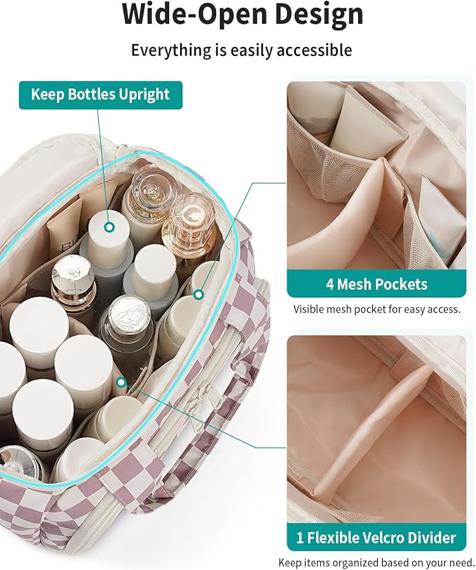 Narwey Large Travel Toiletry Bag, Wide-open Travel Bag for Toiletries, Toiletry Bags for Traveling Women, Cosmetic Make Up Makeup Bag Organizer with Wet Pocket, Skincare Bag (Dusty Pink Checkerboard)