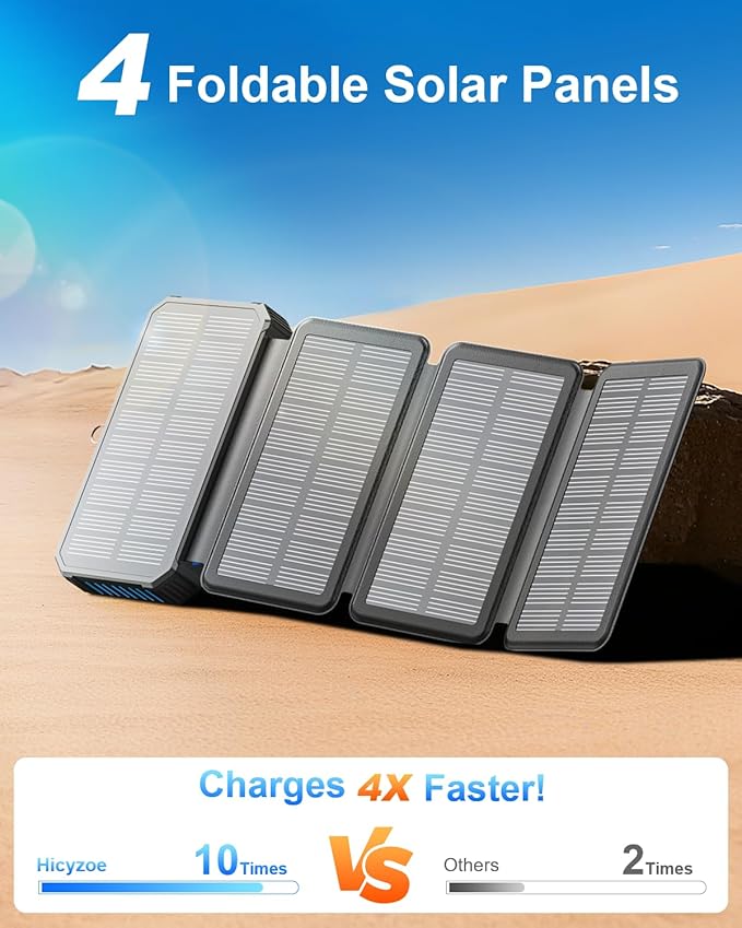 Solar Charger Power Bank 49800mAh With Built-in Cables, 12W QC3.0 Fast Charging, Wireless Portable Phone Charger for iPhone Samsung, Battery Pack With 4 Solar Panel , USB-C, Flashlight for Outdoor