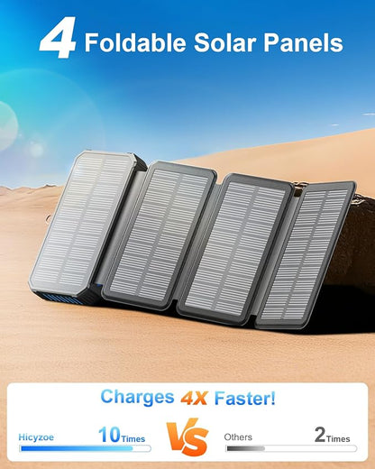 Solar Charger Power Bank 49800mAh With Built-in Cables, 12W QC3.0 Fast Charging, Wireless Portable Phone Charger for iPhone Samsung, Battery Pack With 4 Solar Panel , USB-C, Flashlight for Outdoor
