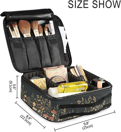 MNSRUU Travel Makeup Bag, Vintage Wildflower Mushrooms Women Makeup Case Organizer Cosmetic Toiletry Bag for Teenage Girl with Adjustable Dividers