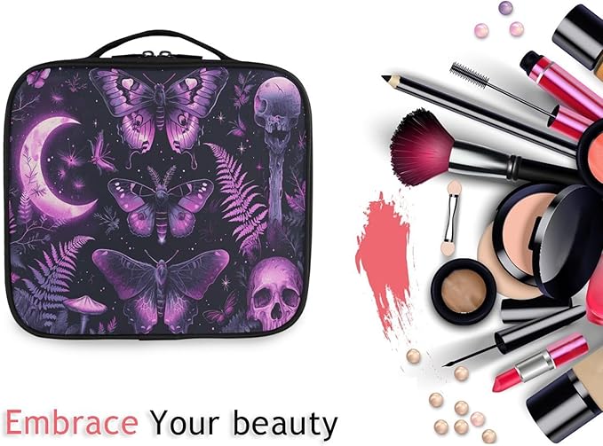 MNSRUU Travel Makeup Bag, Gothic Skull Butterfly Women Makeup Case Organizer Cosmetic Toiletry Bag for Teenage Girl with Adjustable Dividers