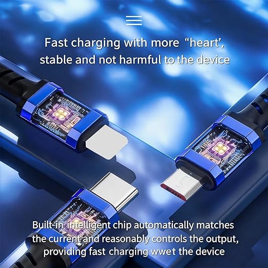 USB Cable PD Fast Charger Lighted Up (USB 6IN1 Braid Blue),A Mobile Phone Data Cable, specifically a Fast Charging Cable, Crafted from Nylon Braided Material.