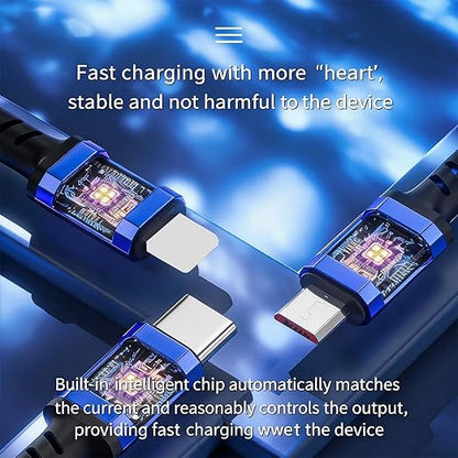 USB Cable PD Fast Charger Lighted Up (USB 6IN1 Braid Blue),A Mobile Phone Data Cable, specifically a Fast Charging Cable, Crafted from Nylon Braided Material.
