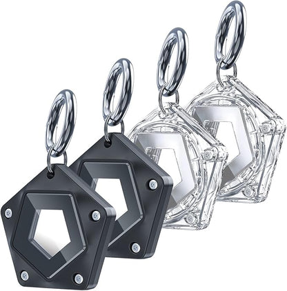 DOVICK-Waterproof Airtag Holder, Heavy Duty Case Compatible with Apple Air Tag Tracker with Keychain Key Ring Strap, Pentagon Full Cover with Transparent Window 4 Pack (Black2 & Clear2)