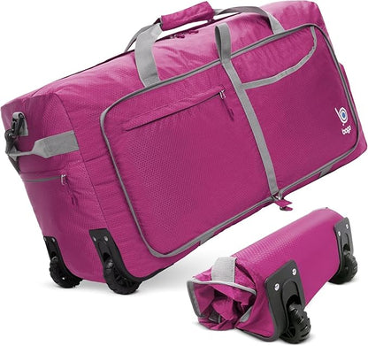 Bago Rolling Duffle Bag with Wheels - 27" 80L Foldable Weekender Bag, Waterproof Travel Duffel Bag, Heavy Duty Lightweight Duffle Bag for Traveling, Rolling Duffel Bag with Wheels (Pink)