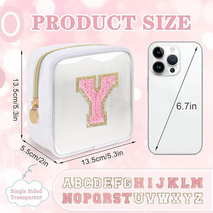 Iqimott Mini Clear Personalized Initial Makeup Bag, Small Preppy A-Z Chenille Letter Patch Cosmetic Pouch, Transparent PVC & Nylon Waterproof Zip Beach Toiletry Bag,Gift for Women Girls(White-Pink Y)
