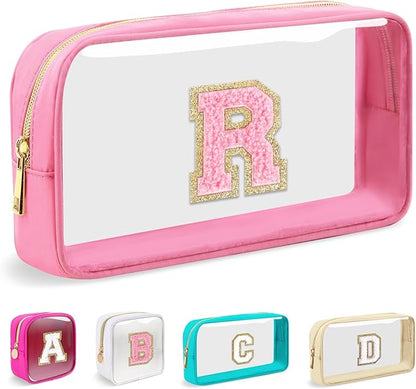 Small Clear Personalized Initial Makeup Bag,Nylon Preppy A-Z Chenille Letter Patch Cosmetic Pouch Beach Toiletry Bag,Waterproof Zipper Travel Purse Storage Bag Organizer for Women Girls(Pink-Pink R)