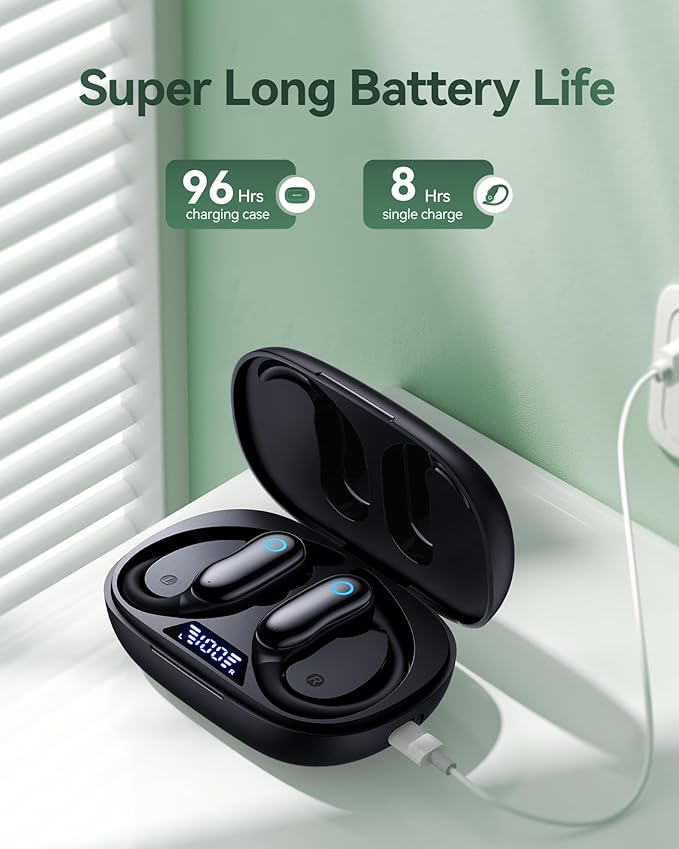 GNMN Active Noise Cancelling Ear Buds Wireless Earbuds 96hrs Playback Bluetooth Headphones Dual Battery Display Stereo Bass Earphones with Earhooks Microphone IPX7 Waterproof for Sports/Workout