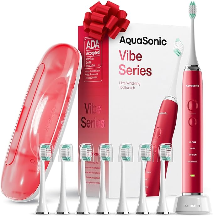 Aquasonic Vibe Series Ultra-Whitening Toothbrush – ADA Accepted Electric Toothbrush - 8 Brush Heads & Travel Case – 40,000 VPM Motor & Wireless Charging - 4 Modes w Smart Timer – Ruby