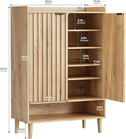 Shoe Cabinet, Large 6-Tier Shoe Storage Cabinet with Fluted 2 Doors, 44" Tall Freestanding Entryway Shoe Cabinet with Adjustable Shelves, Modern Shoe Organizer Cabinet, Shoe Rack Cabinet ( Oak)