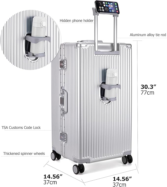 feilario 30in Super Large Captain Aluminum Frame Hardside Spinner Wheels Luggage, Removable Wheels Zipperless Checked Suitcase with Cup Holder/Phone Holder