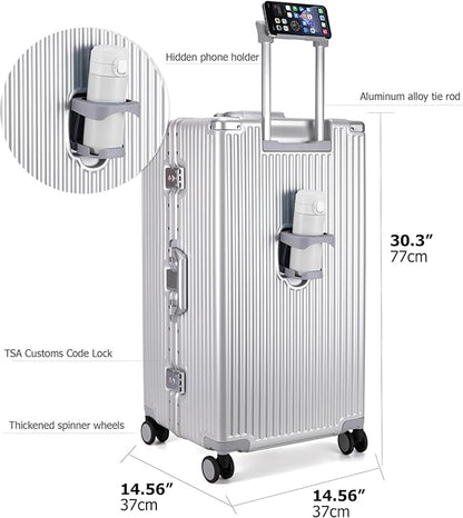 feilario 30in Super Large Captain Aluminum Frame Hardside Spinner Wheels Luggage, Removable Wheels Zipperless Checked Suitcase with Cup Holder/Phone Holder