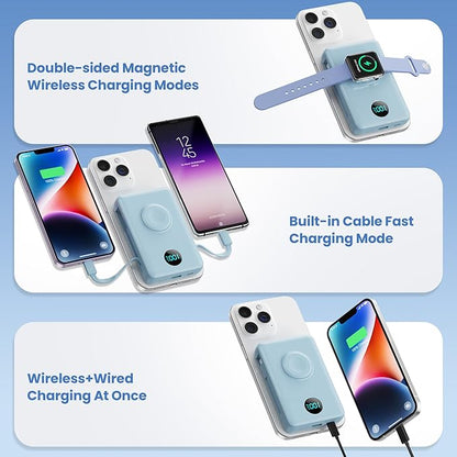 6 in 1 Magnetic Portable Charger for iPhone with Built-in Cables, 10800mAh 25W PD Fast Charging Power Bank, 6 Outputs Travel Essential Battery Pack for iPhone 17/16/15/14/13/12,Apple Watch (Sky Blue)