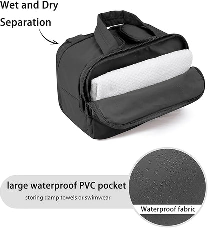 Travel Toiletry Bag for Women, Large Wide-open Puffy Cosmetic Makeup Bag with Wet-Dry Separation, Multi-Pocket Organizer with Carry Handle for Toiletries, Cosmetics, Essentials, Black