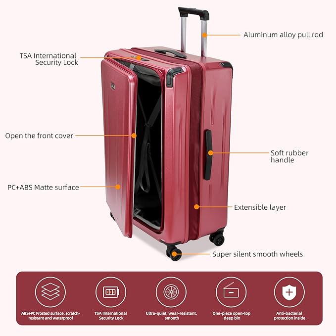 Premium 29 Inch Luggage, Top Opening Aluminum Frame Airline Approved ABS+PC Hard Shell Suitcases with Silent Wheels, TSA Lock, Front Pocket and Wet-dry Separated Six-piece set