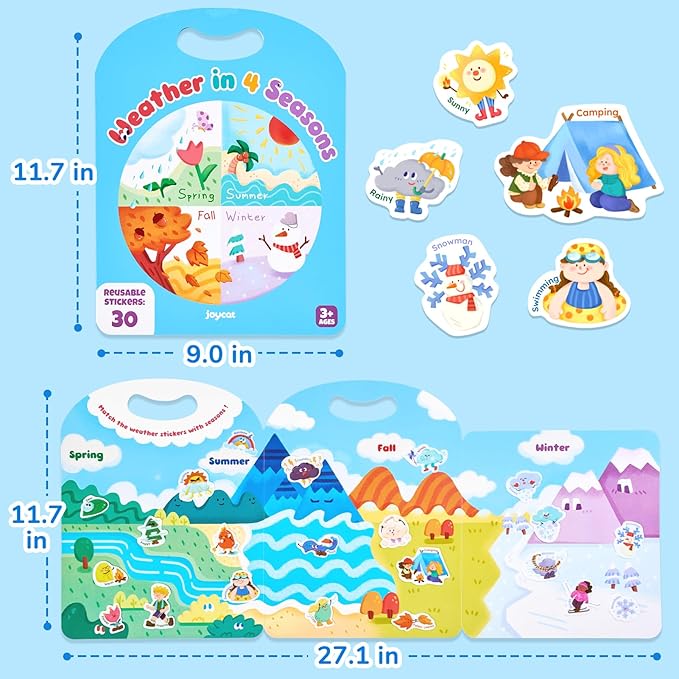 JoyCat Reusable Sticker Book - Jelly Stickers for Toddlers, Kids Sticker Activity Book, Travel Toys for Road Trip, Car & Airplane, Educational Learning Gifts for Boys and Girls Ages 3-5 (Weather)