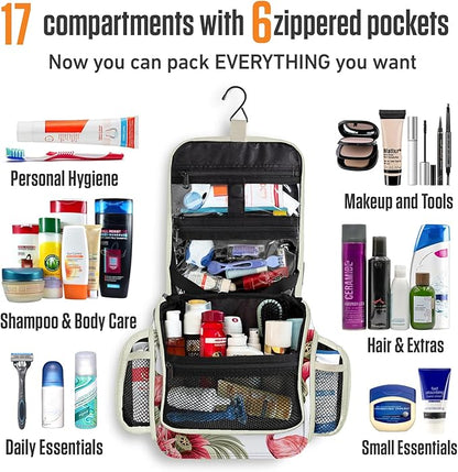 VENTURE 4TH Hanging Travel Toiletry Bag for Women & Men – Large Toiletry Organizer with 17 Compartments, Removable TSA Pouch, Travel Wash Bag for Toiletries, Makeup & Shaving Kit (Pink Flamingo)