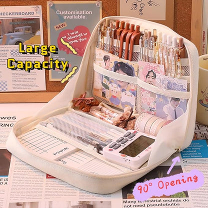 Pencil Case Pouch Box Cute Kawaii Large Capacity Aesthetic Zipper Pen Holder Organizer Bag for Office Workspace Supplies Desk Accessories Travel (Off-White)