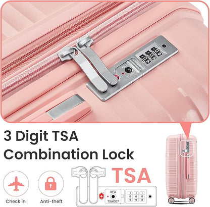 Campfun Luggage 4 Piece Sets, Expandable Carry On Luggage Set Hardshell PP, Suitcase Set with Double Spinner Wheels, Checked Durable Lightweight with TSA Lock, 14in 20in 24in 28in-Pink(C)