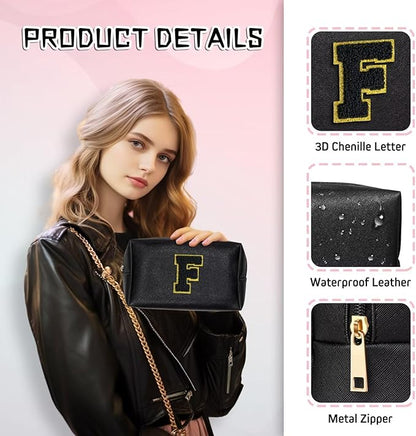 TOPEAST Initial Cosmetic Bag for Women, Preppy Small Makeup Bag, PU Leather Waterproof Toiletry Bag, Monogrammed Birthday Gifts for Women, Stuff for Girls (Black S)