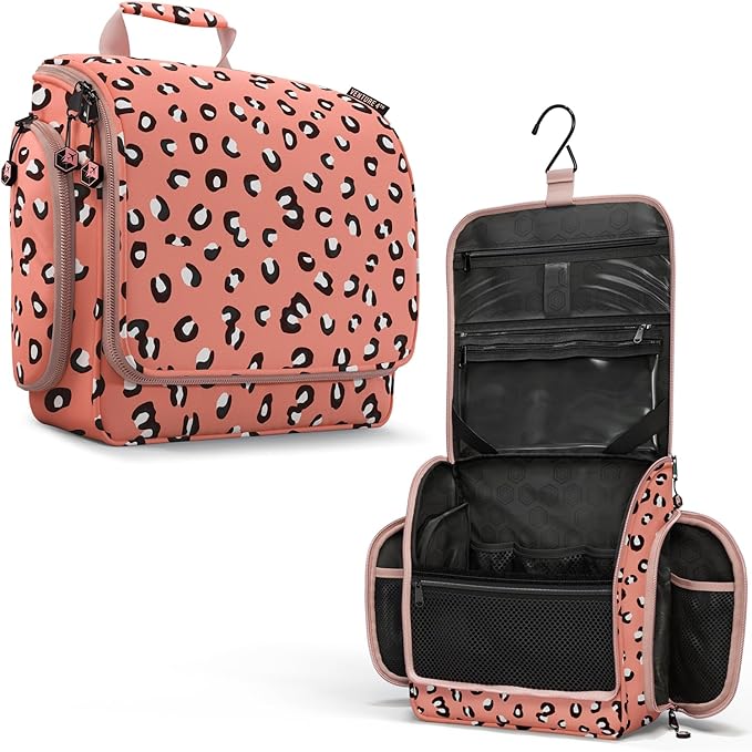 VENTURE 4TH Hanging Travel Toiletry Bag for Women & Men – Large Toiletry Organizer with 17 Compartments, Removable TSA Pouch, Travel Wash Bag for Toiletries, Makeup & Shaving Kit (Pink Cheetah)