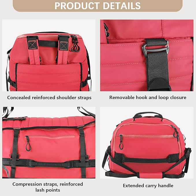 CONTAIL 86L Wheeled Duffel Bag, Soft Shell with Adjustable Web Handles, Carry On Size 29.5x14.2x12.6in, Foldable with Dual Wheels & Shoe Compartment,Red