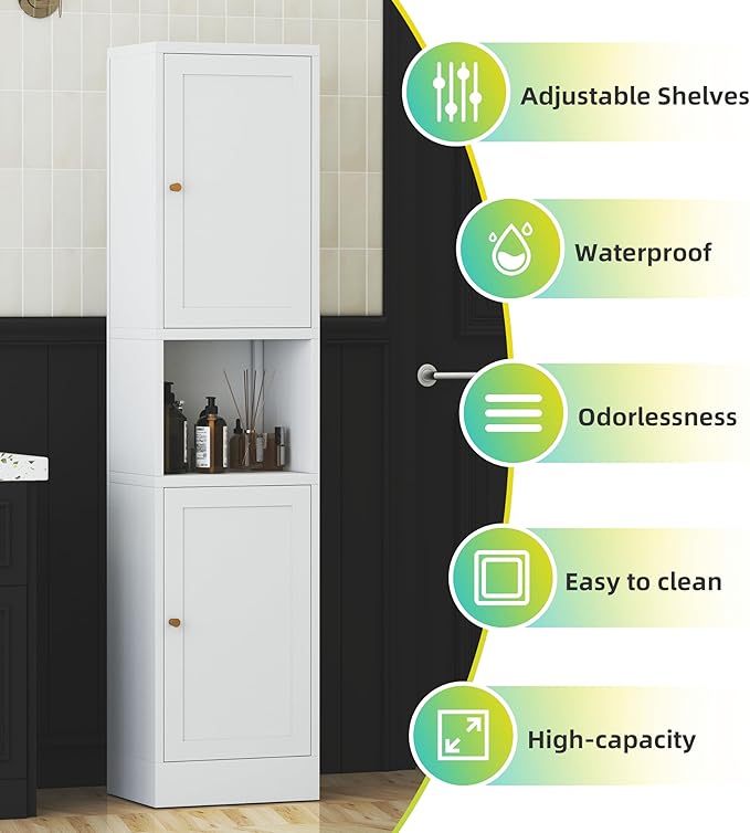 Tall Narrow Storage Cabinet - 67" Slim Bathroom Organizer with 3 Adjustable Shelves, 2 Doors (Left/Right Opening),Metal Floor Cabinet for Small Spaces, Bathroom & Kitchen (Metal, White)