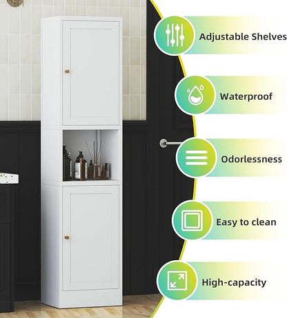 Tall Narrow Storage Cabinet - 67" Slim Bathroom Organizer with 3 Adjustable Shelves, 2 Doors (Left/Right Opening),Metal Floor Cabinet for Small Spaces, Bathroom & Kitchen (Metal, White)