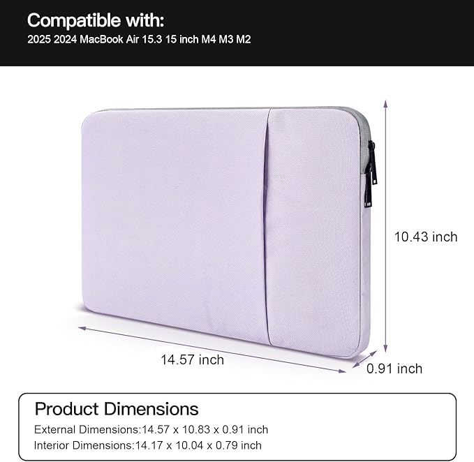 CaseBuy MacBook Air 15 inch Sleeve Water-Resistant Protective Case for 2025 2024 MacBook Air 15 M2 M3 M4 Chip A2941 A3241 Laptop Carrying Case Cover Slim Traveling Accessories Bag -Purple