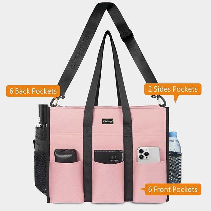 TOPDesign Utility Water Resistant Tote Bag with 22 Pockets, Top Zipper Closure & Thick Bottom Support, for Working Women