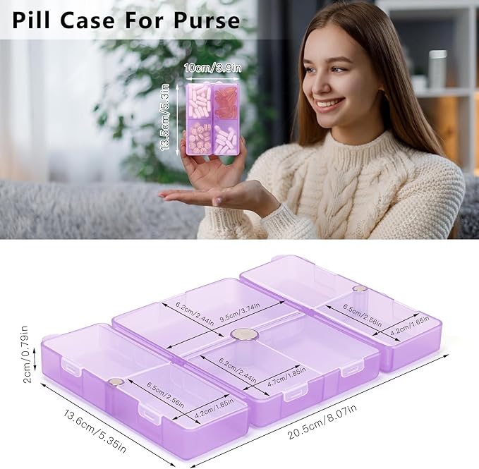 FYY Daily Pill Organizer,7 Compartments Portable Pill Case Travel Pill Organizer,[Folding Design] Large Pill Box for Purse Pocket to Hold Vitamins,Cod Liver Oil,Supplements and Medication-Clear Purple
