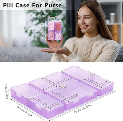 FYY Daily Pill Organizer,7 Compartments Portable Pill Case Travel Pill Organizer,[Folding Design] Large Pill Box for Purse Pocket to Hold Vitamins,Cod Liver Oil,Supplements and Medication-Clear Purple