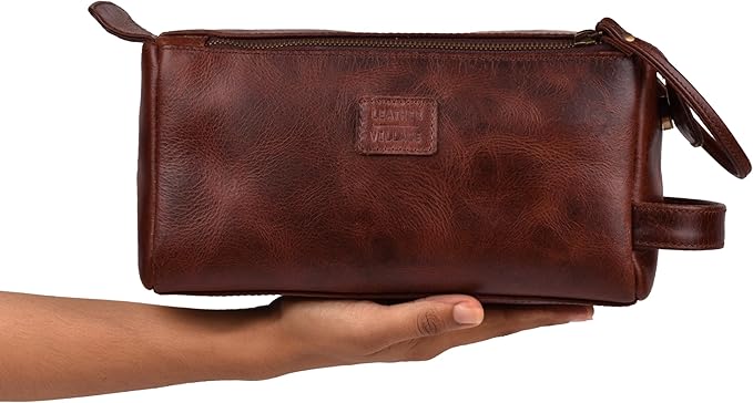 LEATHER VILLAGE Premium Leather Travel Toiletry Bag - Water-Resistant Dopp Kit for Toiletries, Large Shaving Bag & Bathroom Organizer - Gift for Men & Women - Cherry Brown