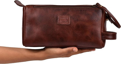 LEATHER VILLAGE Premium Leather Travel Toiletry Bag - Water-Resistant Dopp Kit for Toiletries, Large Shaving Bag & Bathroom Organizer - Gift for Men & Women - Cherry Brown